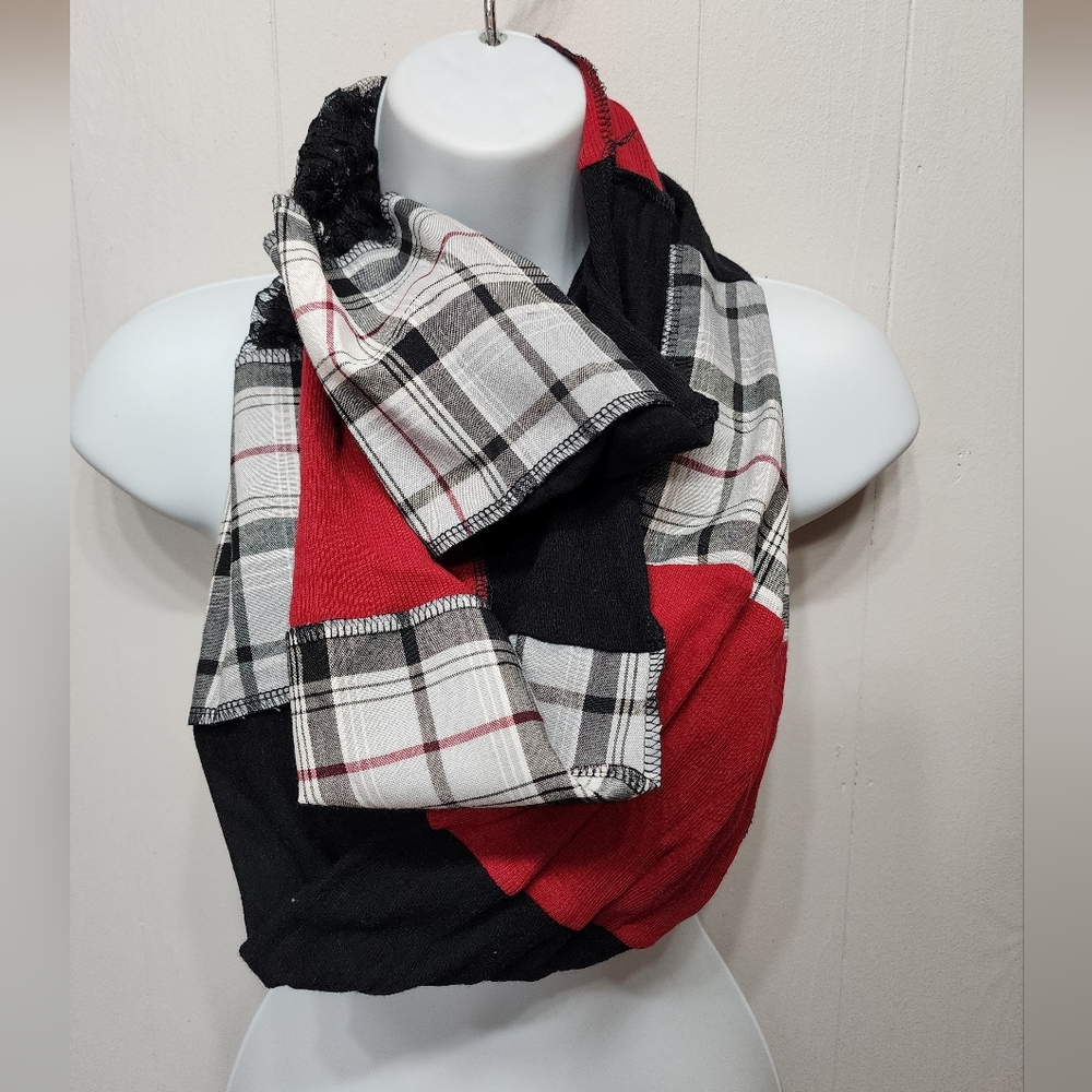 Infinity Scarf‎ Multicolor Plaid Solid Lace Red Black Patchwork C102